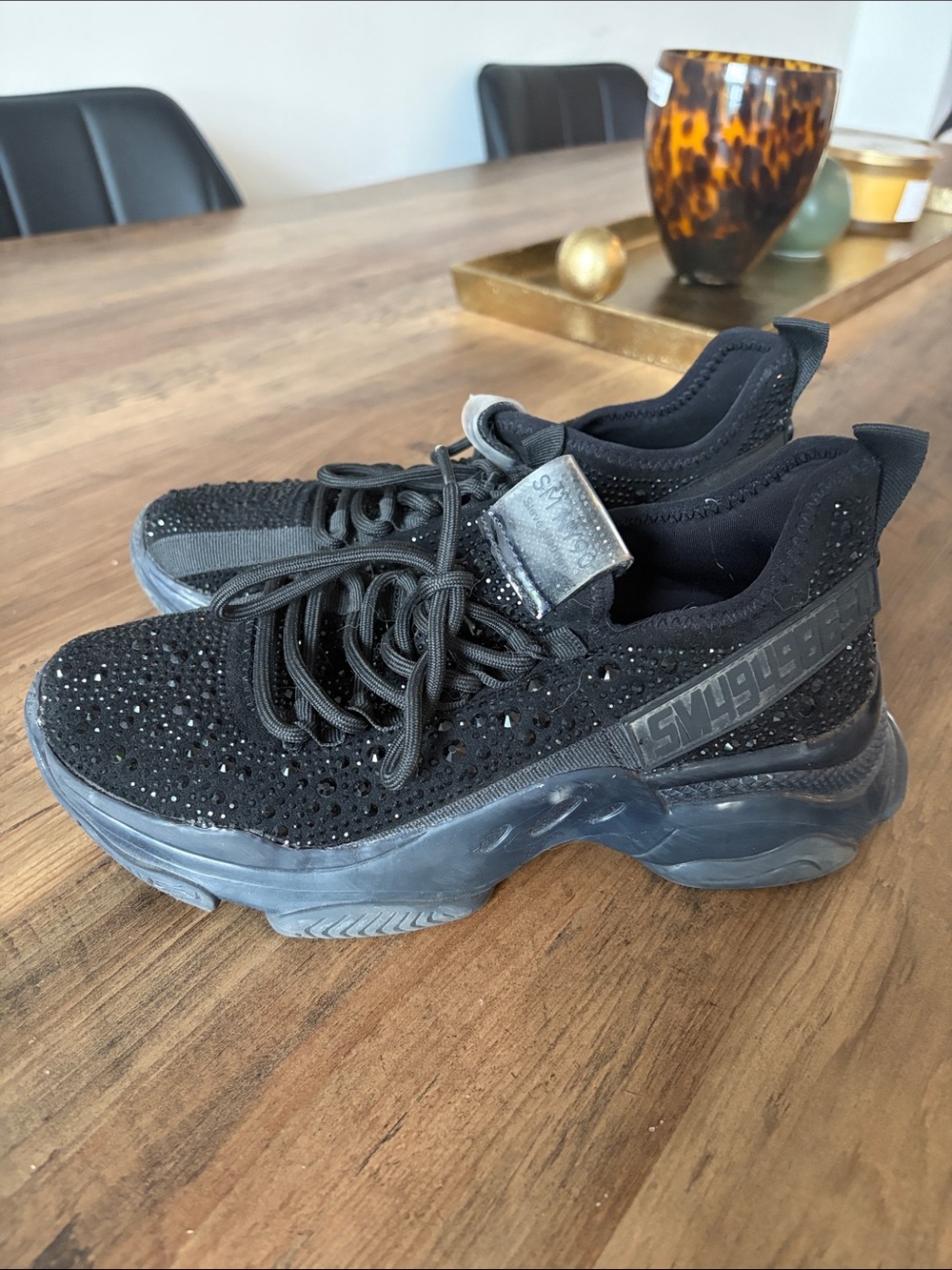 Steve Madden Black Crystal-Embellished Knit Platform Sneakers